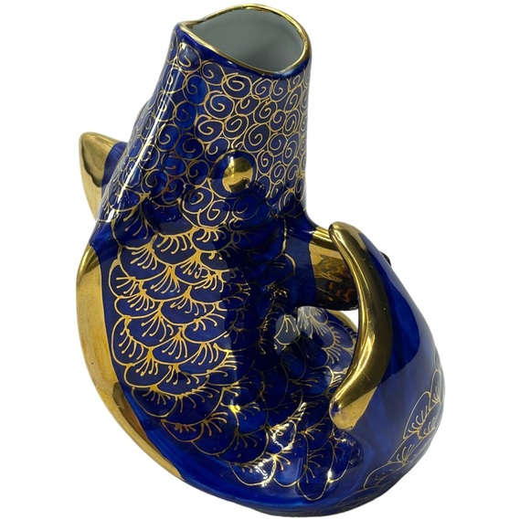 Asian Themed Vintage Colbalt Blue and Gold Koi Carp Open Mouth Fish Vase 6" Tall - Picture 4 of 13